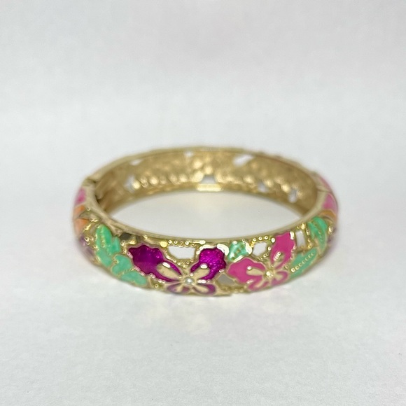Jiu Long Xing Enamel Floral Emboss Spring Bangle Bracelet Pink Green Peach Gold - Picture 2 of 5
